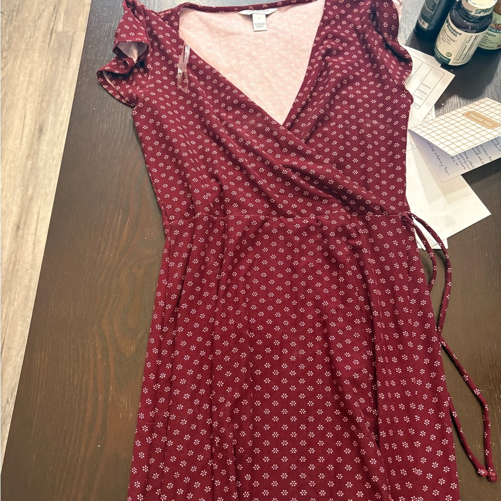 Women's Burgundy Wrap Dress with Micro Floral Print